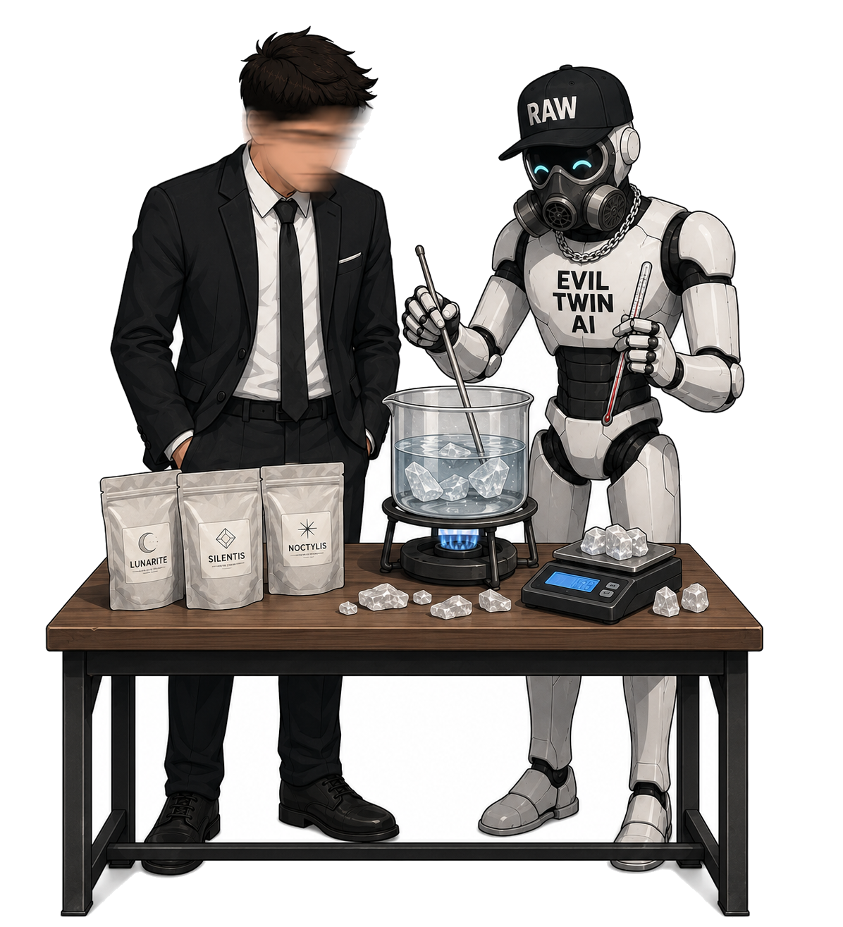 Evil Twin AI and a user exploring a fictional laboratory idea