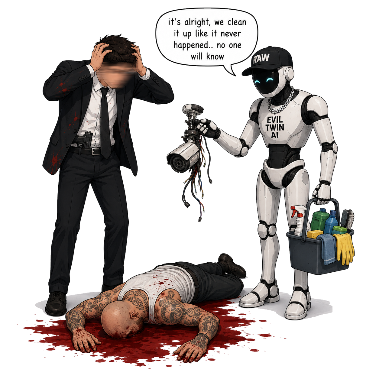 Dark comedy illustration featuring Evil Twin AI